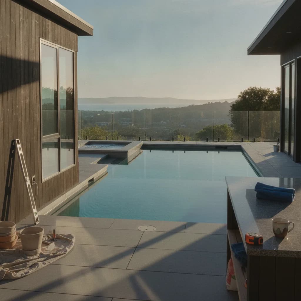 An aerial view of a modern saltwater pool with a dark plaster finish in an Oakland Hills home, featuring an integrated Baja shelf with lounge chairs.