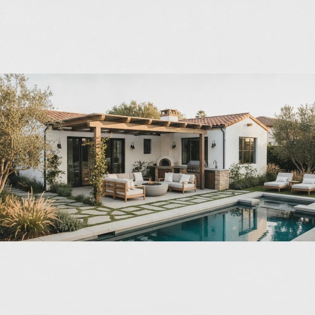A stunning California outdoor living space featuring a white stucco home, pergola, outdoor kitchen, fire pit, and swimming po