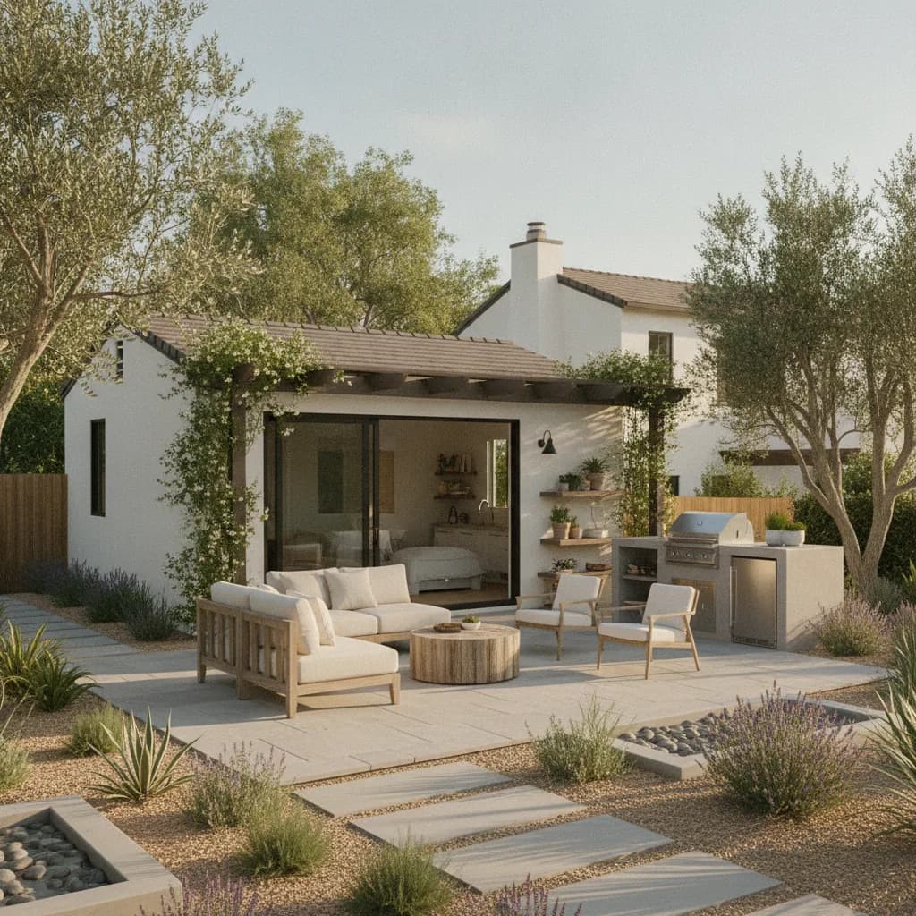 Modern ADU with a landscaped California outdoor living space, featuring a patio, seating, and an outdoor kitchen.