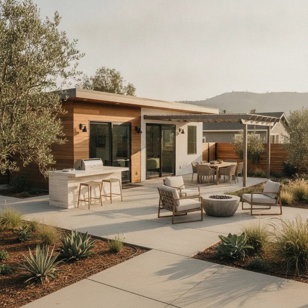A modern ADU with a spacious outdoor living area featuring an outdoor kitchen, dining under a pergola, and a fire pit seating