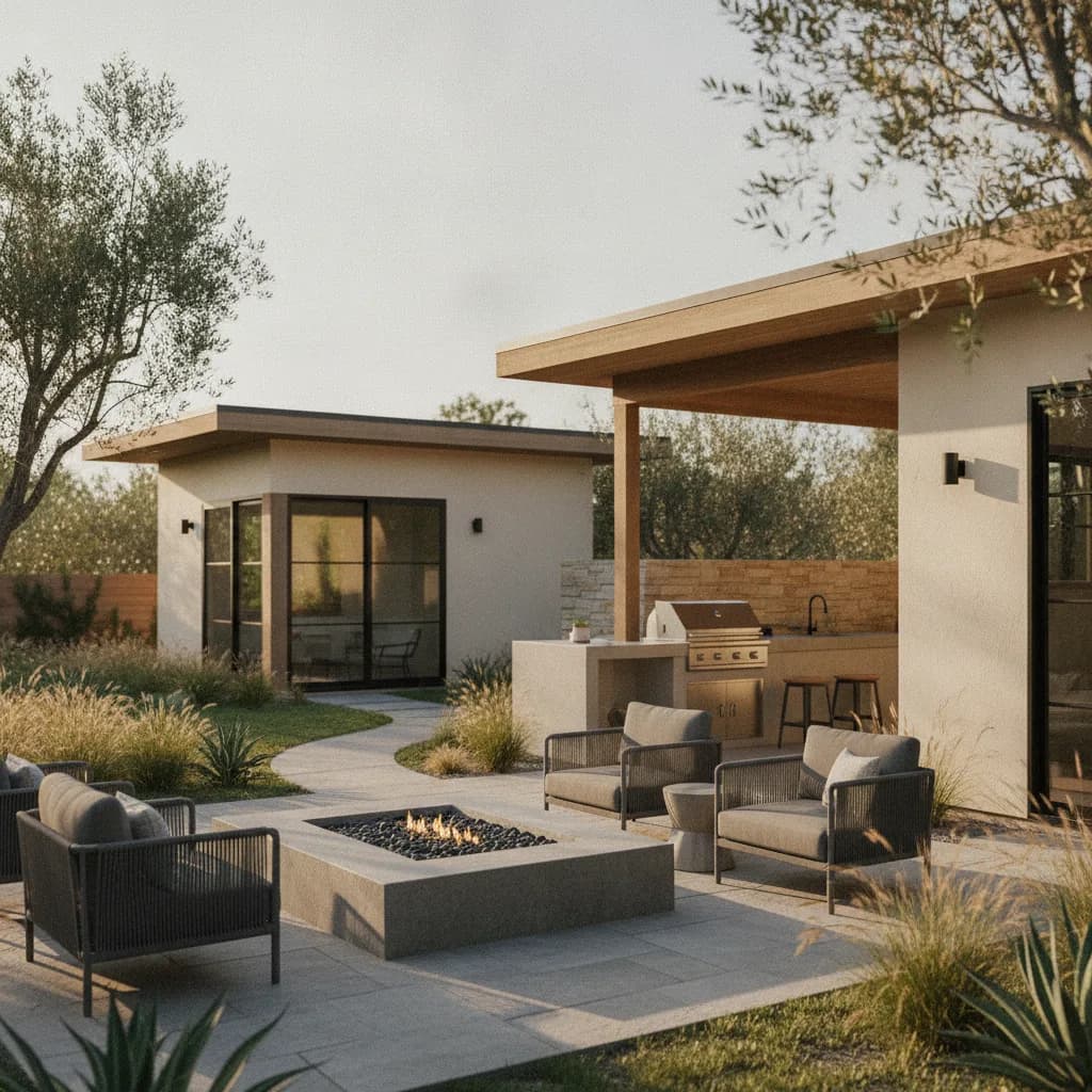 Modern California outdoor living space with patio, fire pit, outdoor kitchen, and ADU, surrounded by drought-tolerant landsca