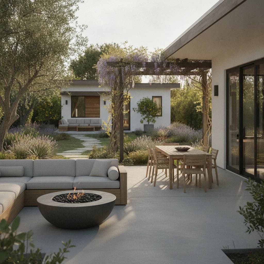 A modern California outdoor living space with a patio, fire pit, dining area, and lush landscaping, featuring an ADU in the b
