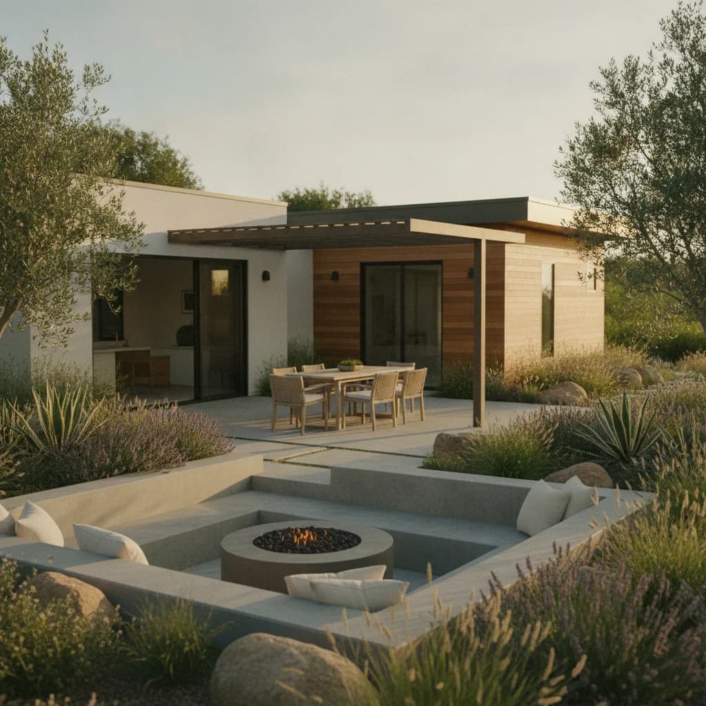 Modern California home with extensive outdoor living space, featuring a dining patio, sunken fire pit, and drought-tolerant l