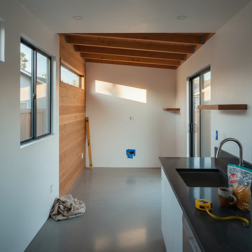 A newly constructed modern ADU in a Long Beach backyard, with large glass sliding doors opening to a small patio and drought-tolerant landscaping.