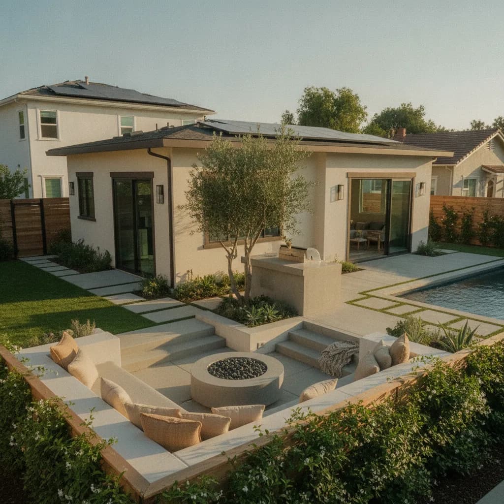 Modern California backyard with a detached ADU/guest house, sunken fire pit lounge, swimming pool, and lush landscaping.