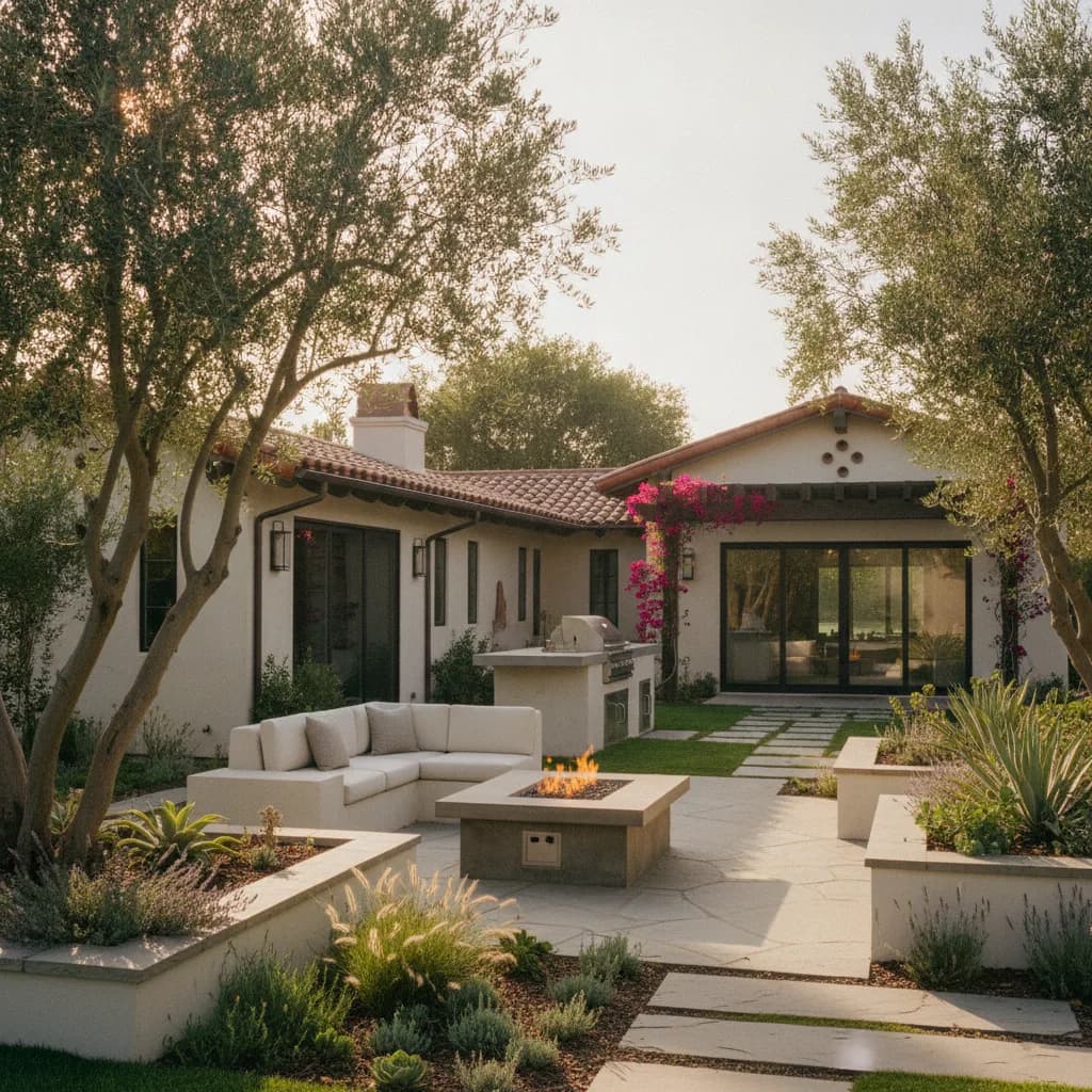 Magazine-ready California outdoor living space featuring a patio, fire pit, outdoor kitchen, and Mediterranean-style landscap