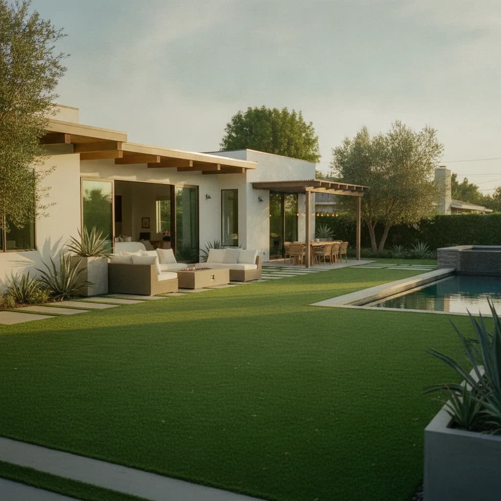 A modern California home's backyard featuring a large artificial turf lawn, a swimming pool, and a patio with outdoor seating