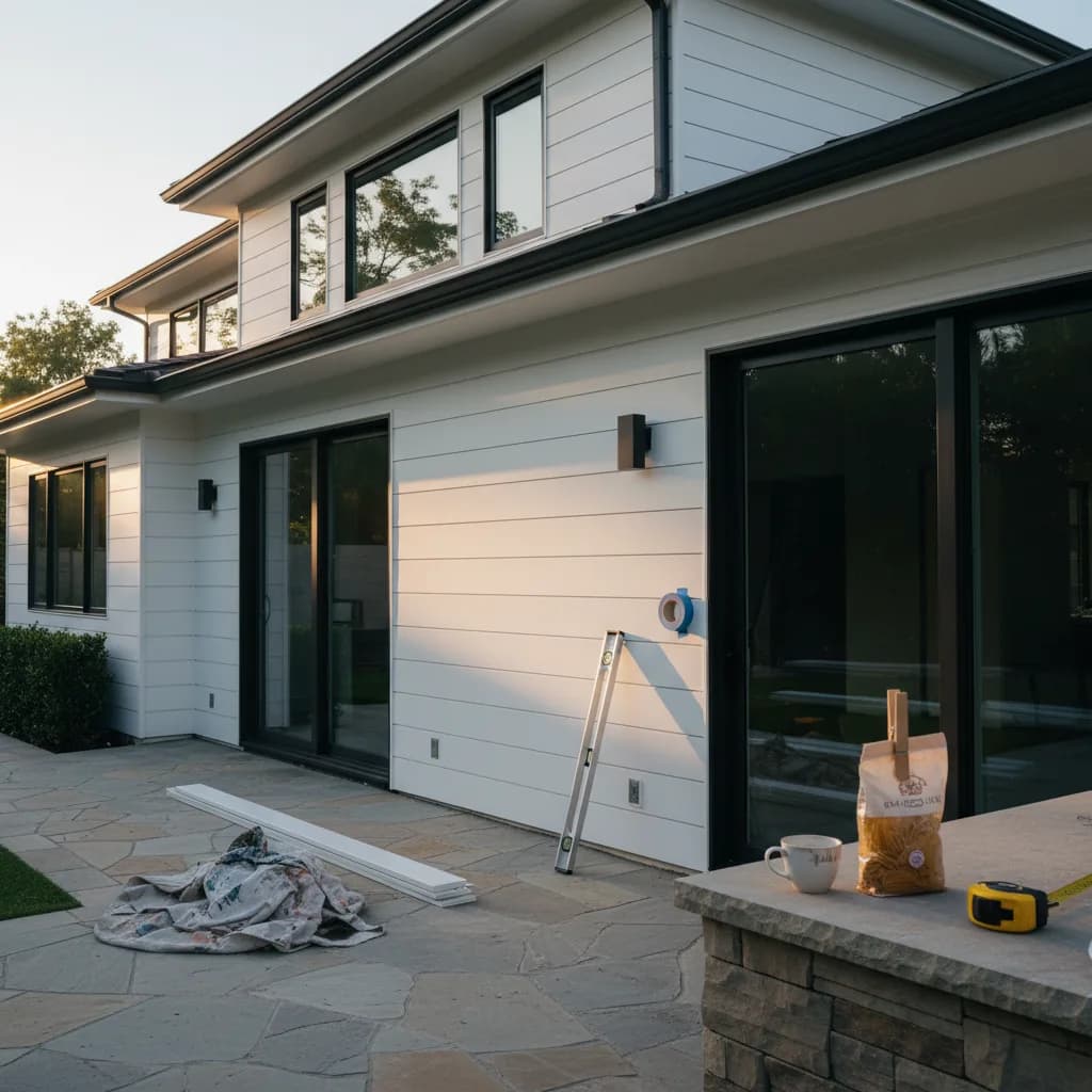 A beautifully finished two-story home in Beverly Hills with new, clean-lined fiber cement siding and professional landscaping.