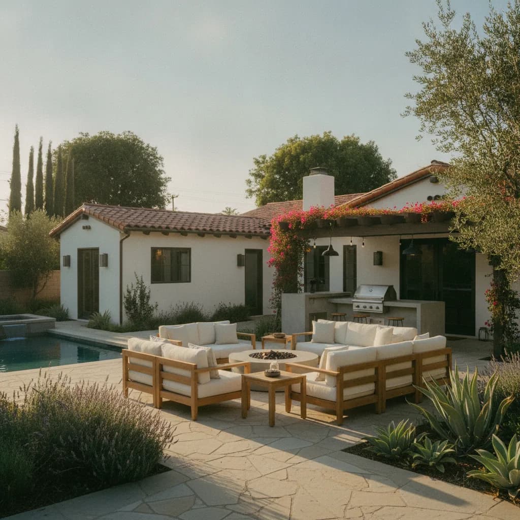 Magazine-ready California backyard with an ADU, pool, outdoor kitchen, fire pit lounge, and lush landscaping.
