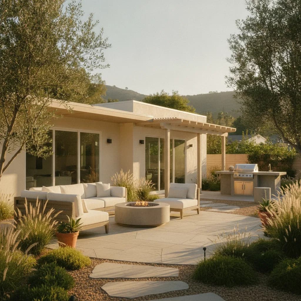 Modern California outdoor living space featuring a patio, fire pit, outdoor kitchen, and lush, drought-tolerant landscaping.