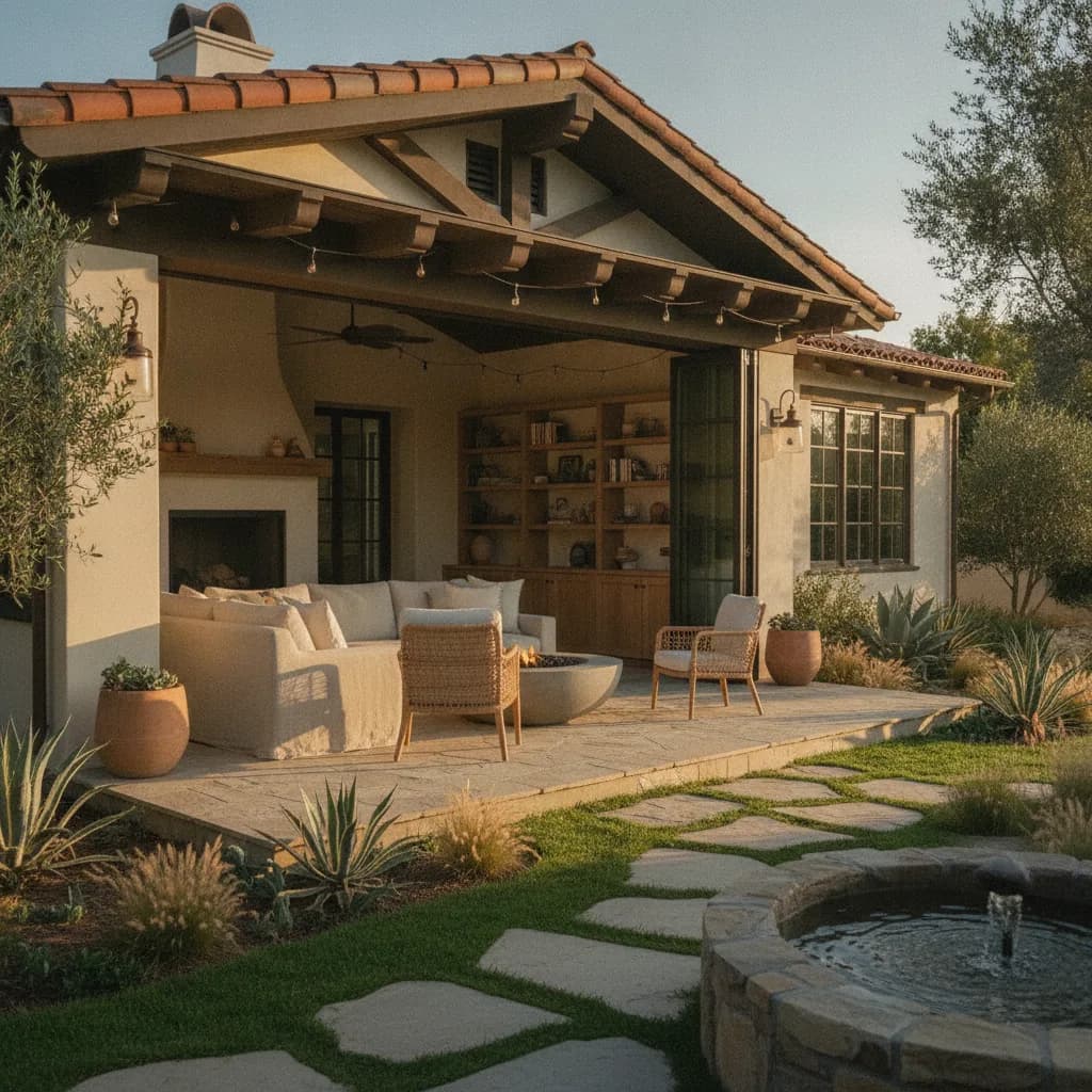A luxurious California outdoor living space with a covered patio, comfortable seating, fire pit, and landscaped garden with a