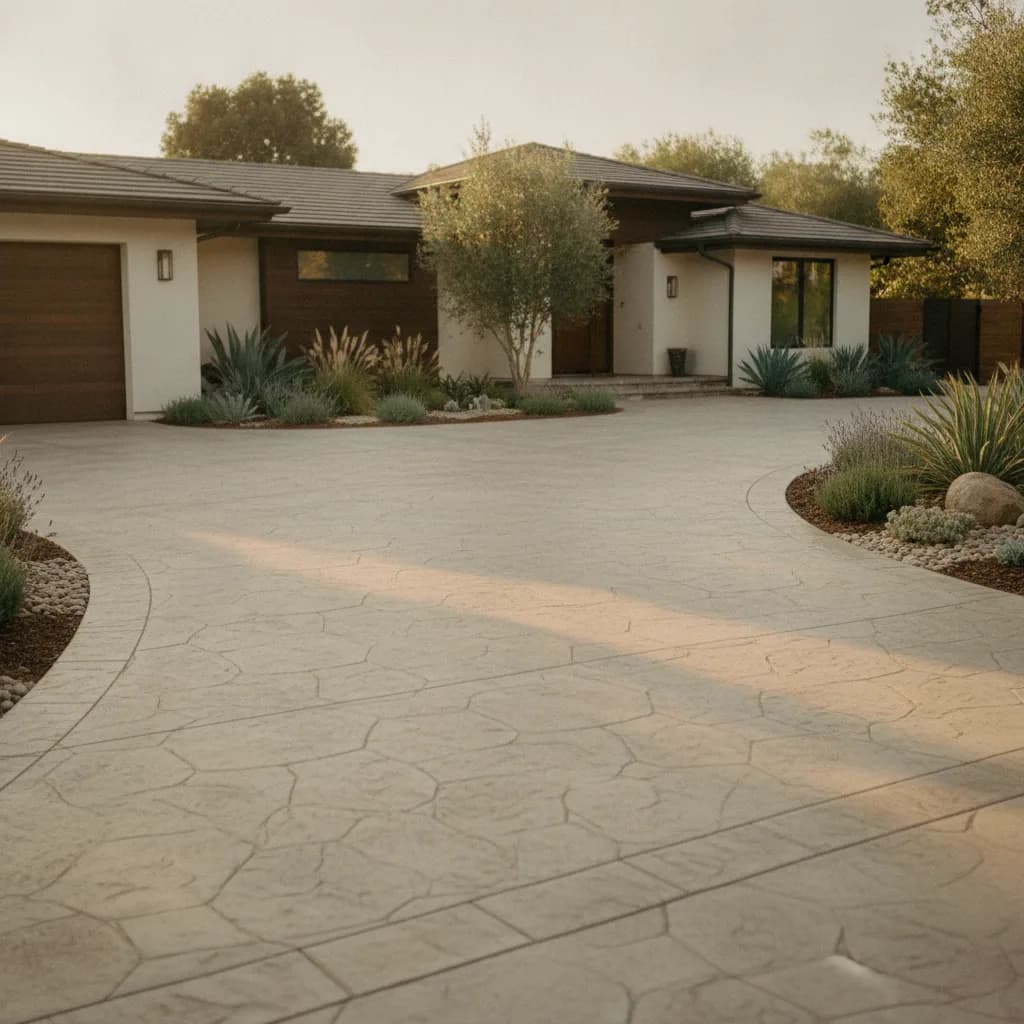 A wide, stamped concrete driveway with crisp edges leading to a modern California home with desert landscaping.