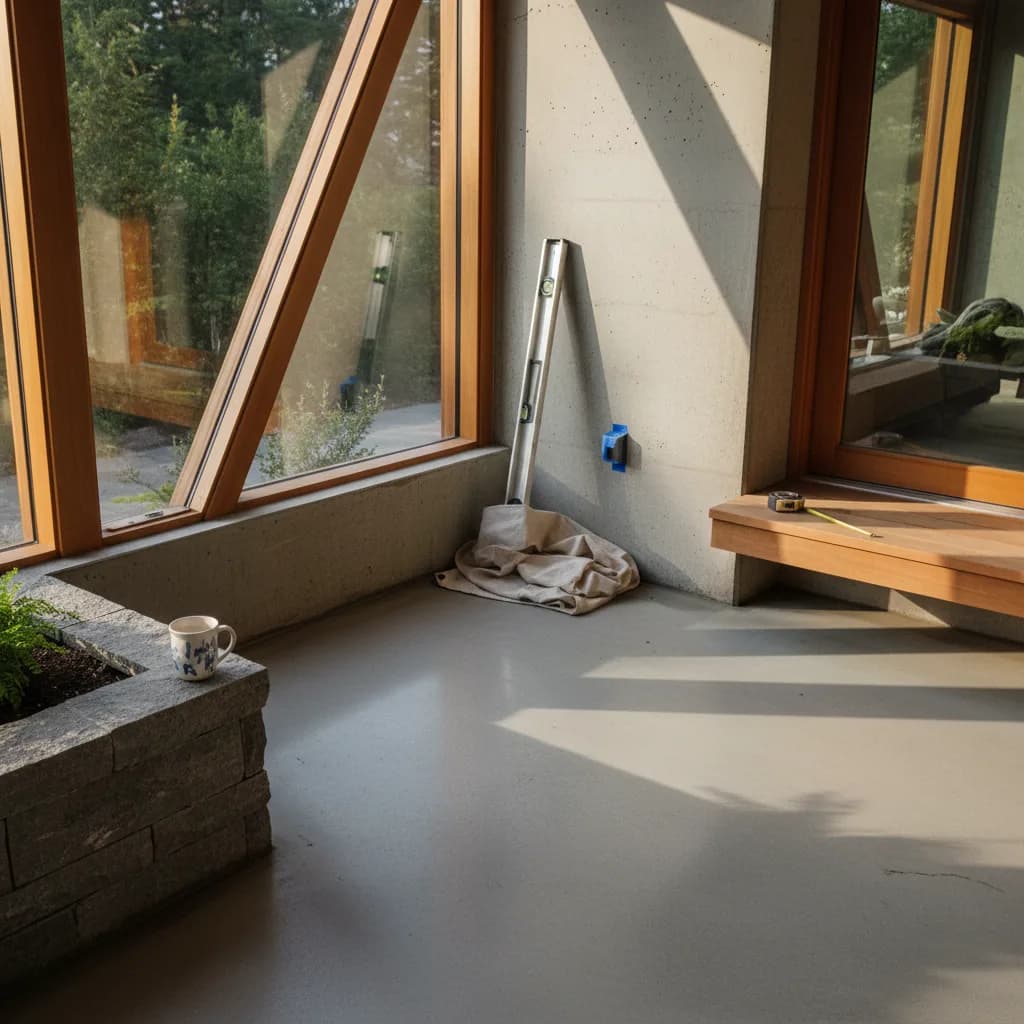 An architectural concrete patio in Seattle with a modern broom finish, surrounded by lush Pacific Northwest greenery and outdoor furniture.