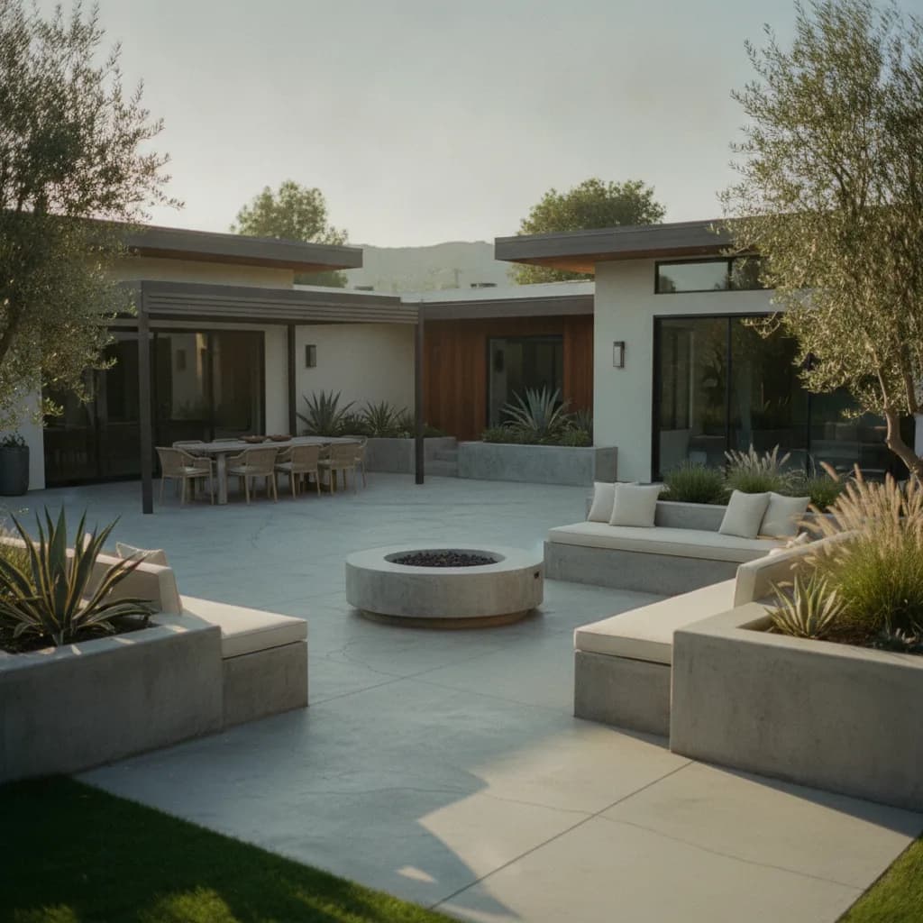 A modern California outdoor living space with a large concrete patio, built-in seating, fire pit, dining area, and drought-to