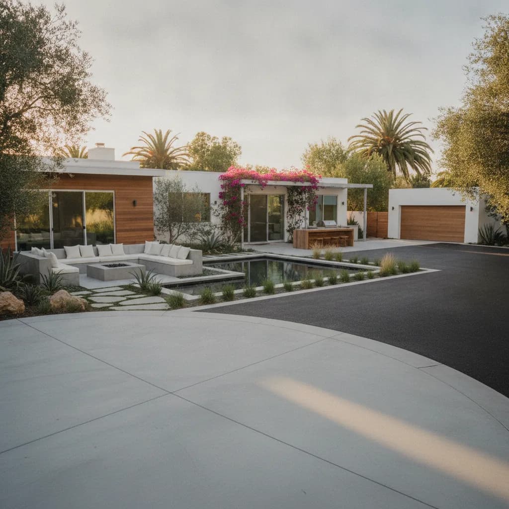 Modern California home with a concrete patio and asphalt driveway, featuring an outdoor living area with fire pit, seating, a