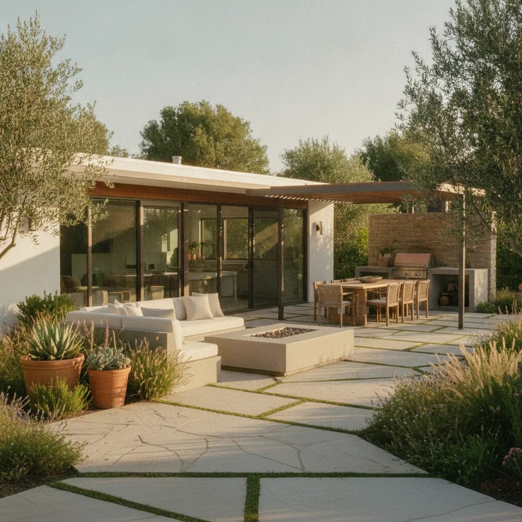 A modern California outdoor living space featuring a concrete patio, fire pit, lounge, outdoor kitchen, dining, and lush land