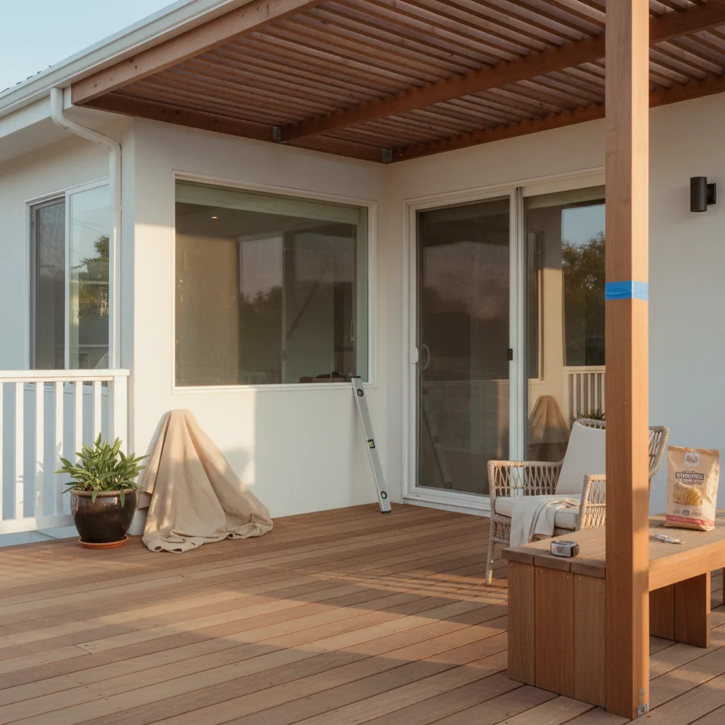 A modern composite deck with glass railings overlooking the Newport Beach harbor at sunset.