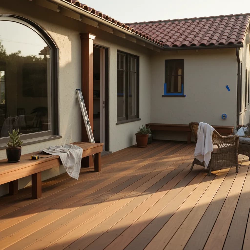 A beautifully finished Ipe hardwood deck in a Pasadena backyard, furnished with modern outdoor seating under the California sun.