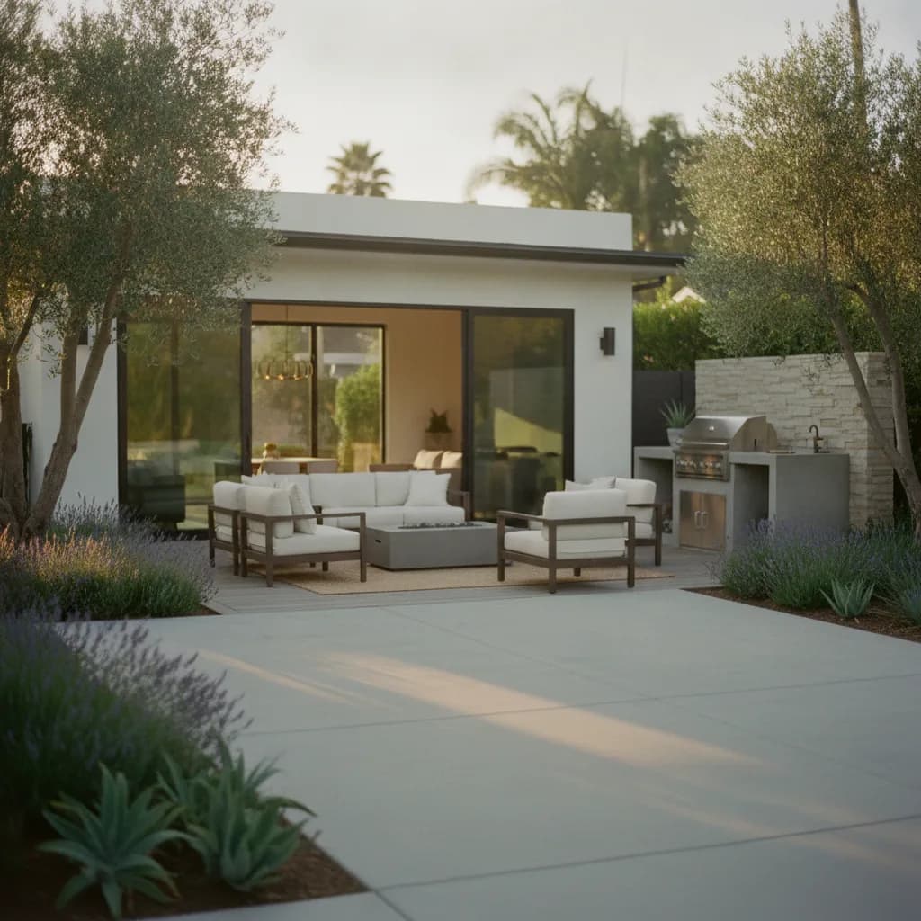 Modern California home with a luxurious outdoor living space: patio, fire pit, lounge, outdoor kitchen, olive trees, lavender