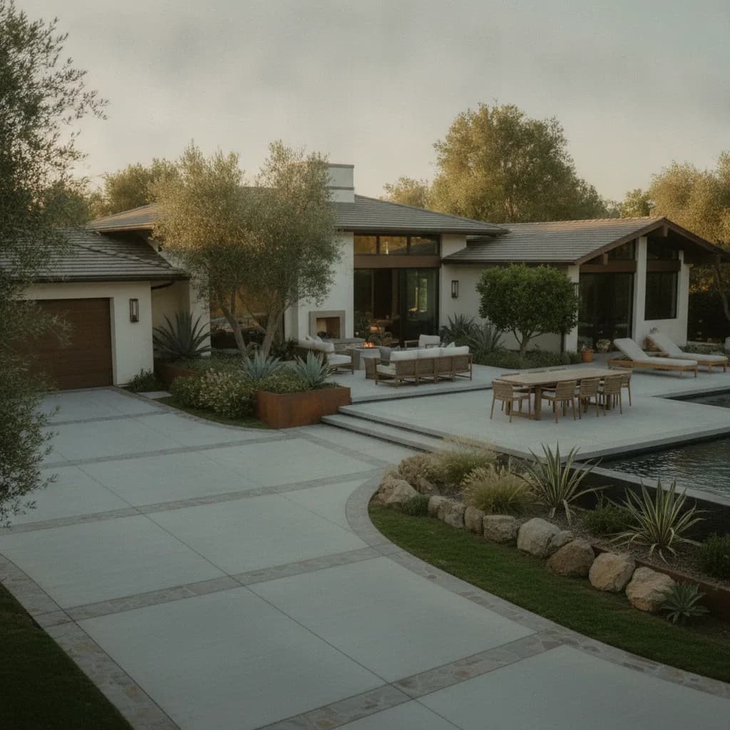 Aerial view of a modern California home with a stylish driveway, pool, patio, fire pit, dining area, and lush landscaping.