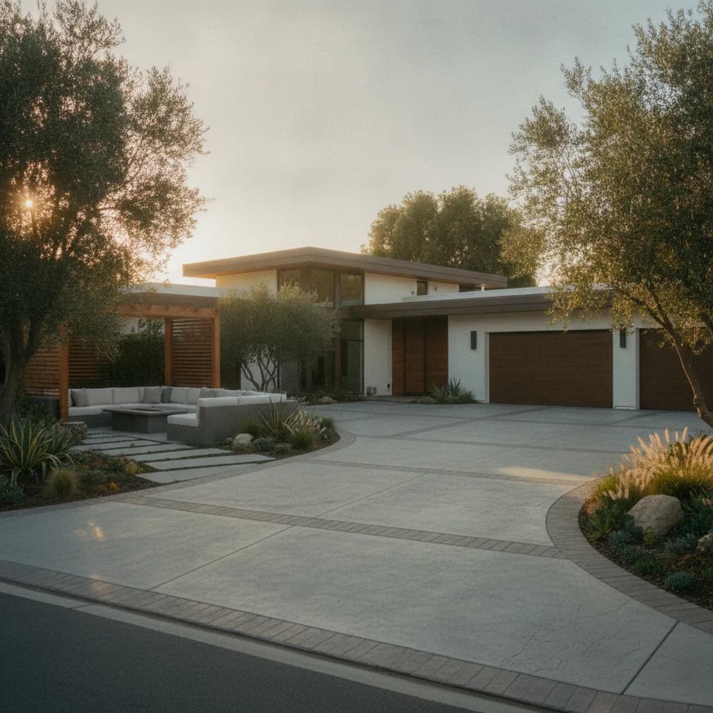 Modern California home with a large, landscaped driveway and an outdoor living area featuring a pergola, built-in seating, an