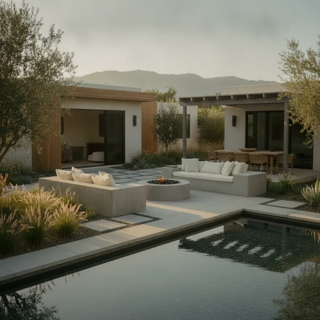 Modern California outdoor living space with pool, built-in seating, fire pit, dining area, and ADU-like structure, landscaped