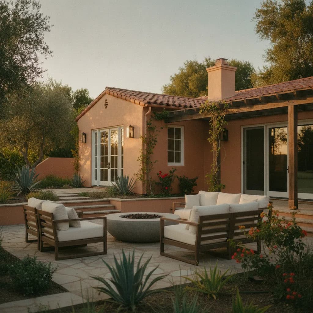 A beautifully landscaped California outdoor living space with a stucco home, tile roof, patio furniture, and fire pit at suns