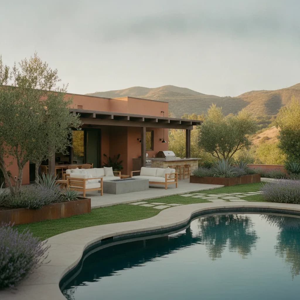Modern California home with terracotta exterior, luxurious outdoor living area, pool, patio, fire pit, outdoor kitchen, and d