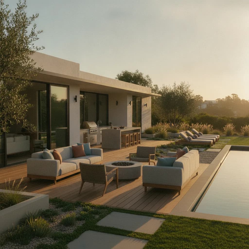 A modern California home's luxurious outdoor living space with a patio, outdoor kitchen, fire pit, lounge seating, and pool,
