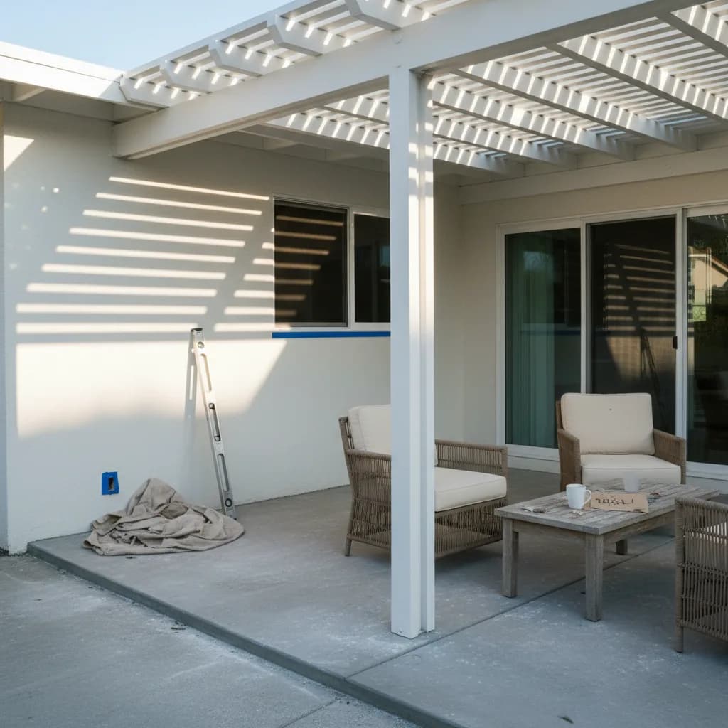 A modern, sleek black aluminum pergola with adjustable louvers attached to a white stucco home in Santa Monica, with comfortable outdoor furniture underneath.