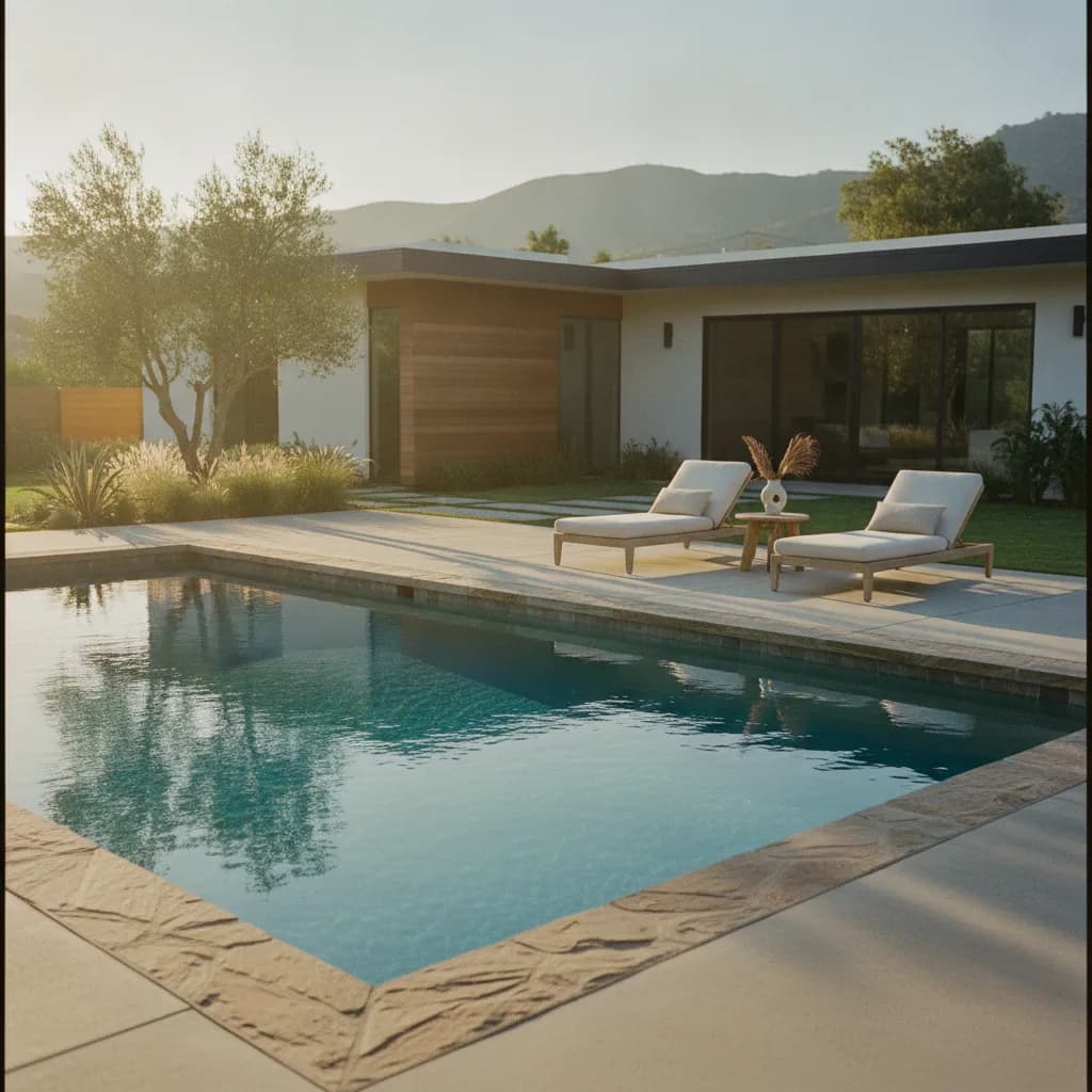 Golden hour view of a modern California backyard with an inground pool, stone coping, concrete patio, and lounge chairs.