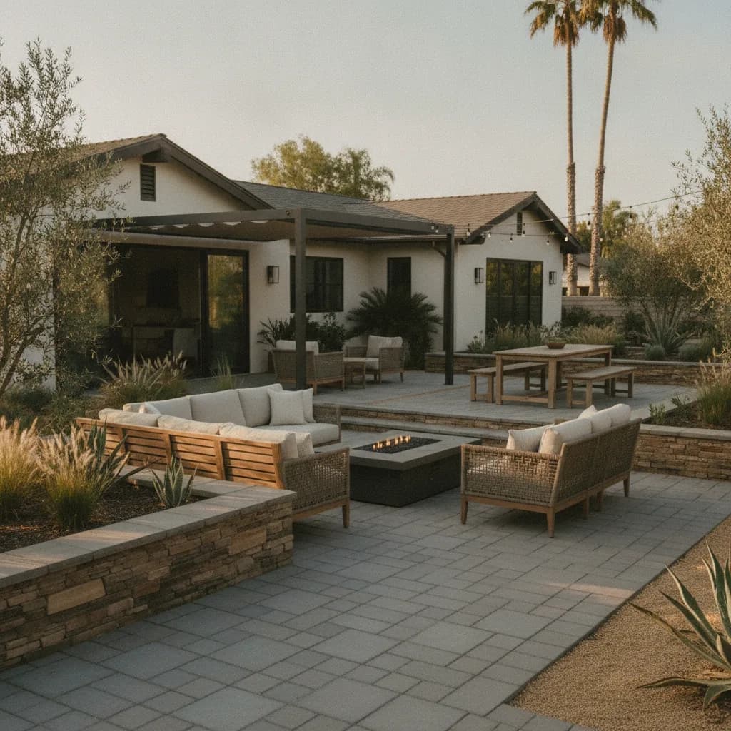 A finished California outdoor living space with a paver patio, stone walls, a fire pit, and a pergola, surrounded by drought-