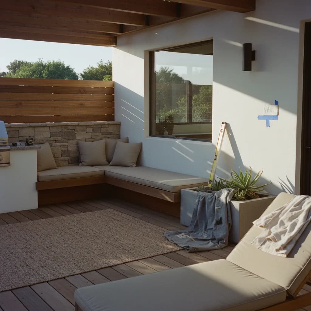 A modern Ipe wood deck with glass railings overlooking the Pacific Ocean at sunset in Malibu, California.
