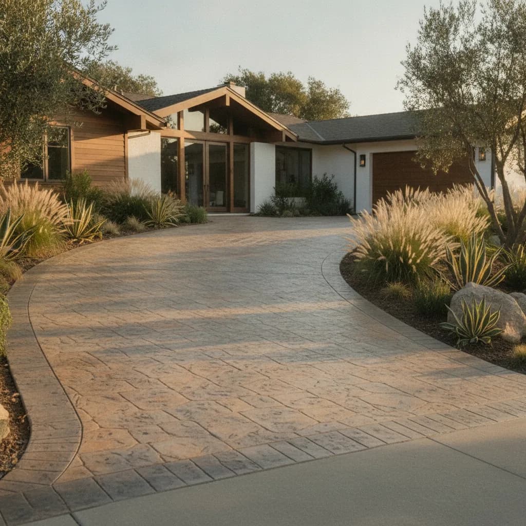 A curved stamped concrete driveway with a decorative border leads to a modern California home with wood and white siding, sur