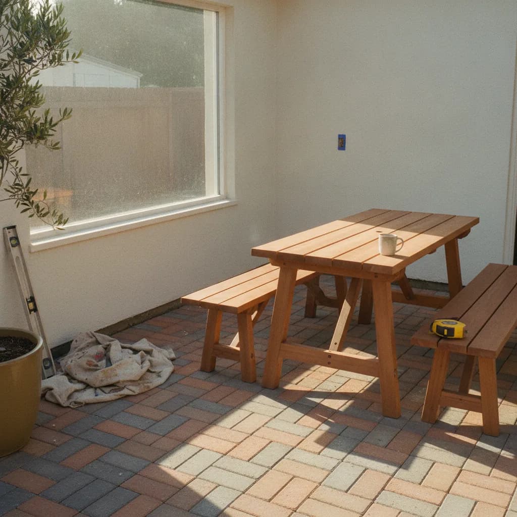 A newly completed interlocking paver patio in a Sacramento backyard, featuring a seating area and clean, modern lines under a large oak tree.
