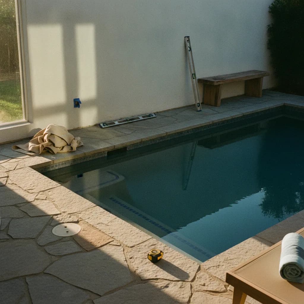 A modern rectangular saltwater pool in Malibu at sunset, with an infinity edge overlooking the Pacific Ocean.