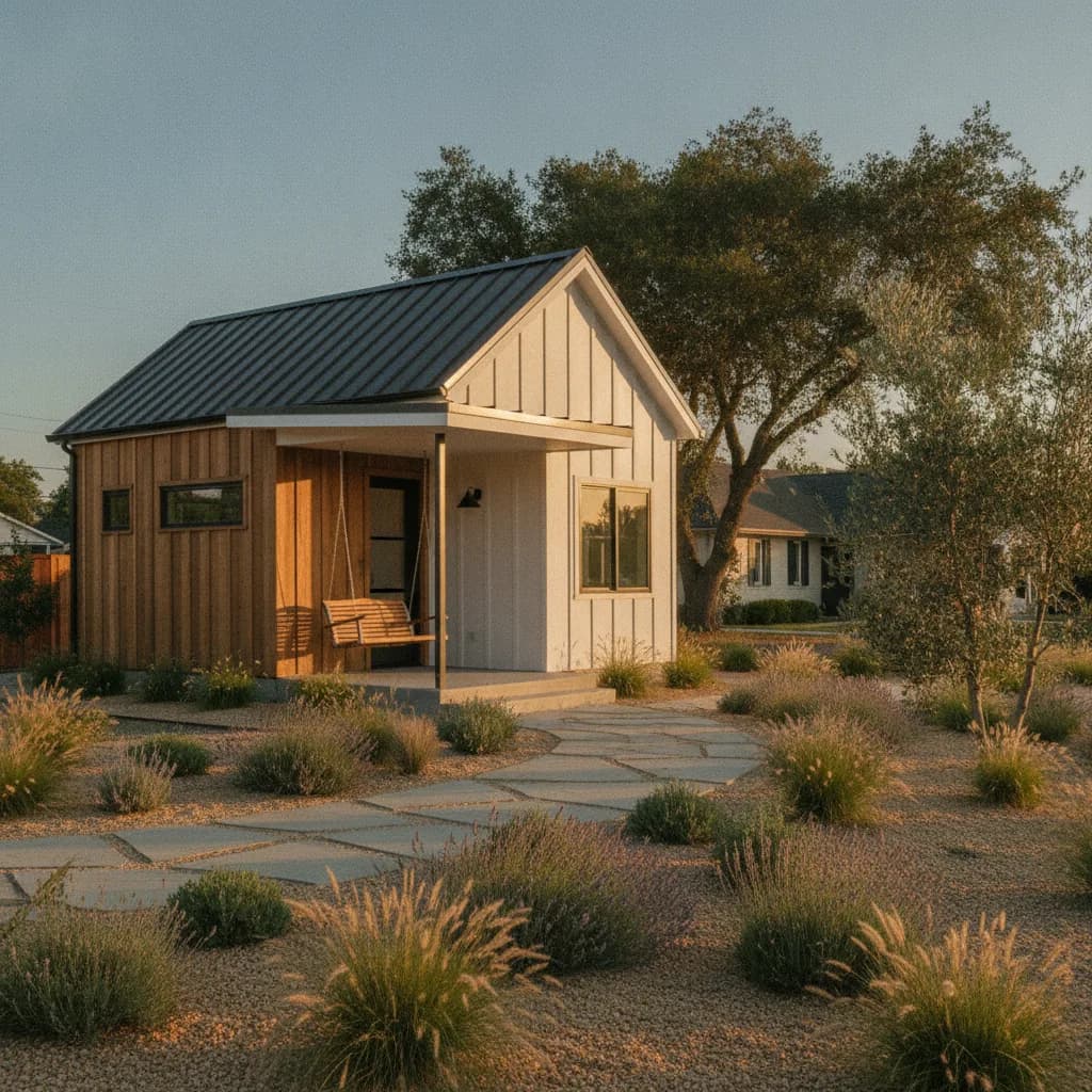 Modern ADU exterior with white and wood siding, dark metal roof, small porch with swing, and a landscaped path of pavers and