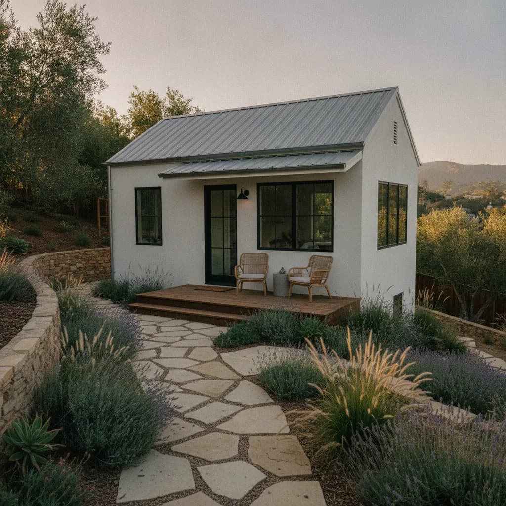 Modern white ADU with black windows, wood porch, and flagstone path through lavender and ornamental grasses at sunset.