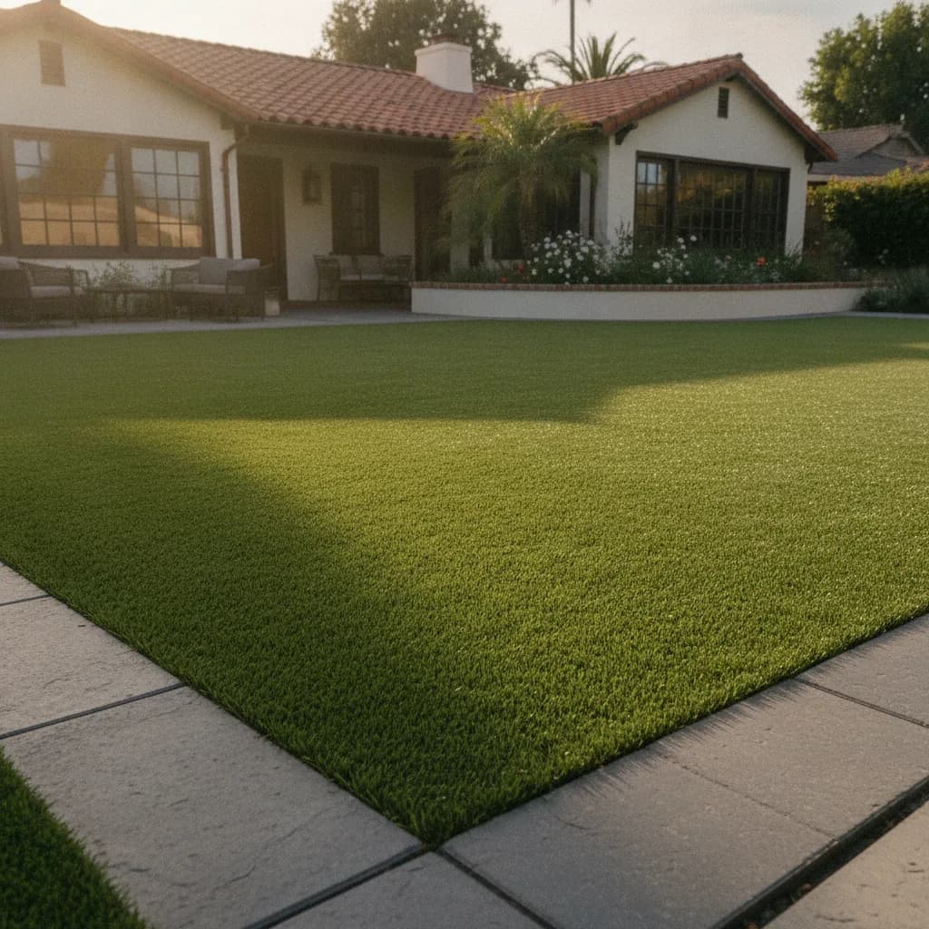 A sunny California backyard with a perfectly manicured artificial turf lawn bordered by gray pavers and a Spanish-style house