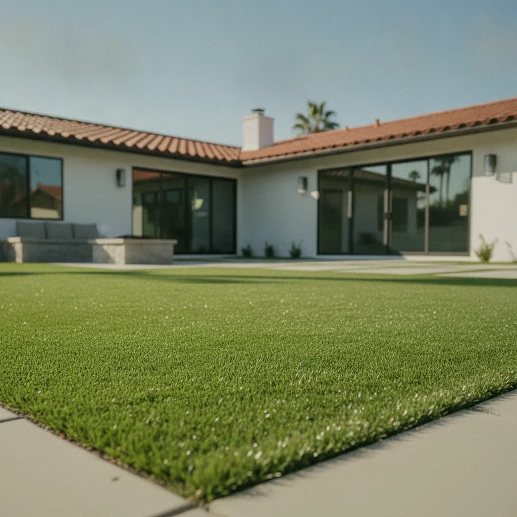 Close-up of a vibrant green artificial turf lawn bordered by light pavers, with a modern California home and palm tree in the