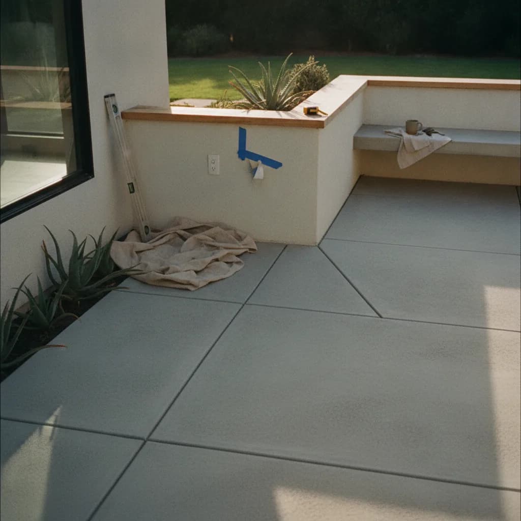 A newly poured concrete patio with a modern stamped finish, furnished with outdoor seating and overlooking a landscaped Southern California backyard.