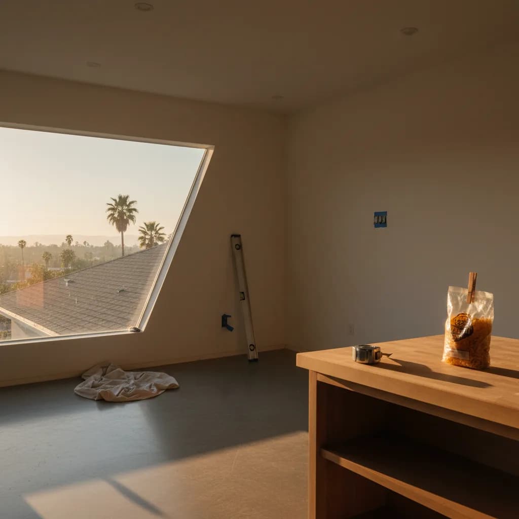 A newly installed, clean architectural shingle roof on a sunny Los Angeles day, with palm trees visible in the background.