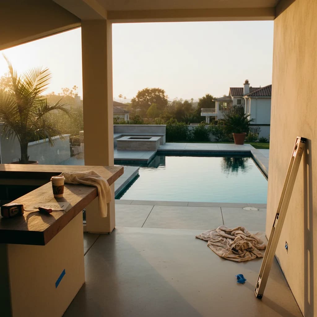 A modern rectangular saltwater pool in a Newport Beach backyard at dusk, with integrated spa, baja shelf, and ambient landscape lighting.