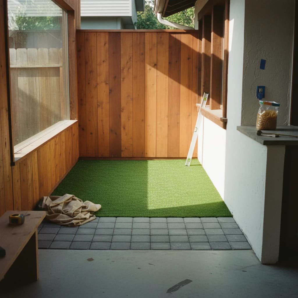 A newly installed artificial turf lawn in an Oakland backyard, featuring lush green blades, clean edges, and modern patio furniture.