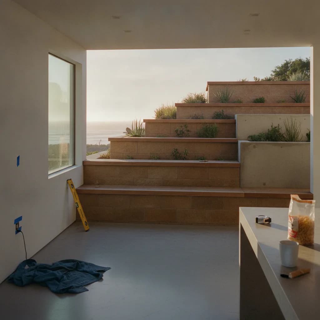 A newly constructed concrete retaining wall with integrated steps on a terraced hillside in Malibu, California, overlooking the Pacific Ocean.