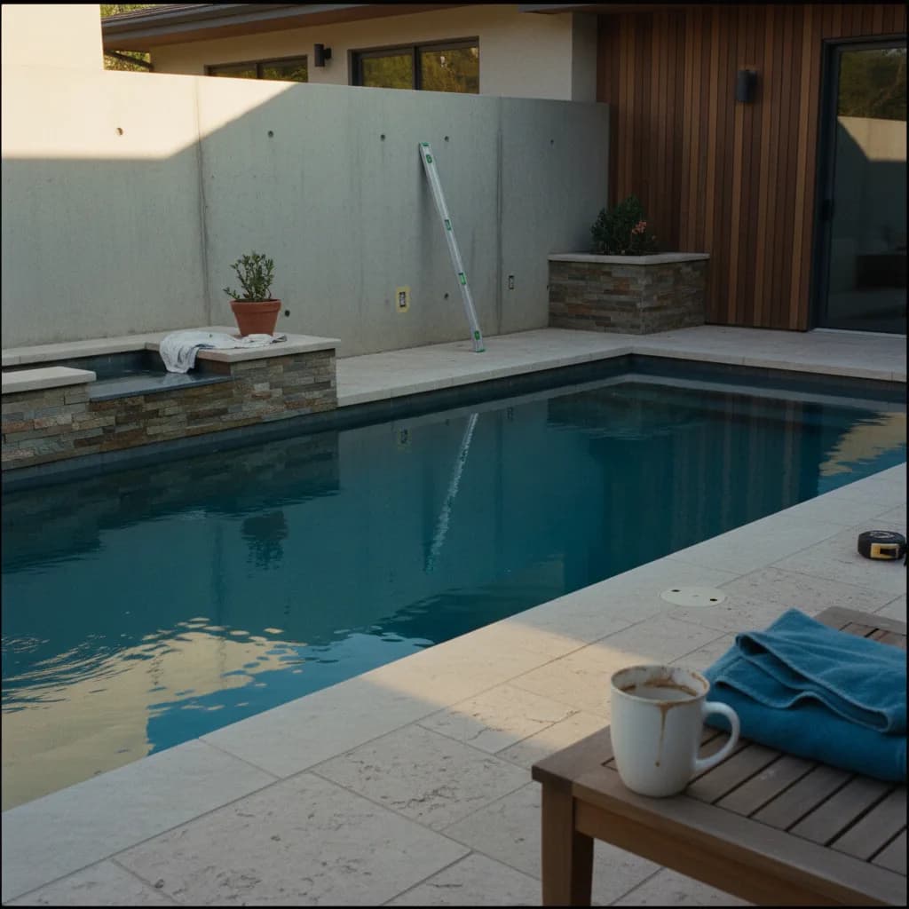 A modern rectangular saltwater pool with a baja shelf and integrated spa, surrounded by a clean concrete patio in a San Jose backyard.