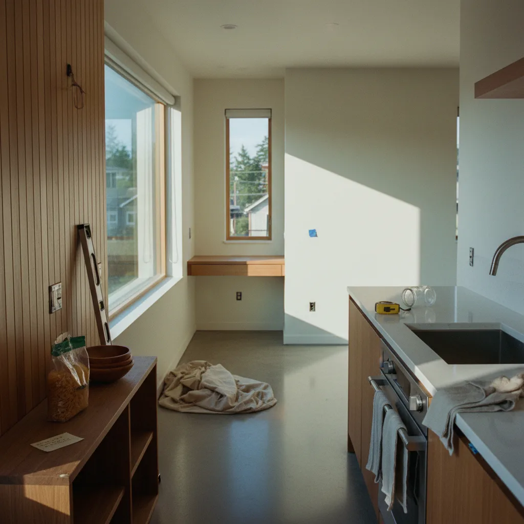 A modern, newly constructed two-story detached ADU with dark wood siding and large windows, set behind a primary residence in a leafy Bellevue neighborhood.