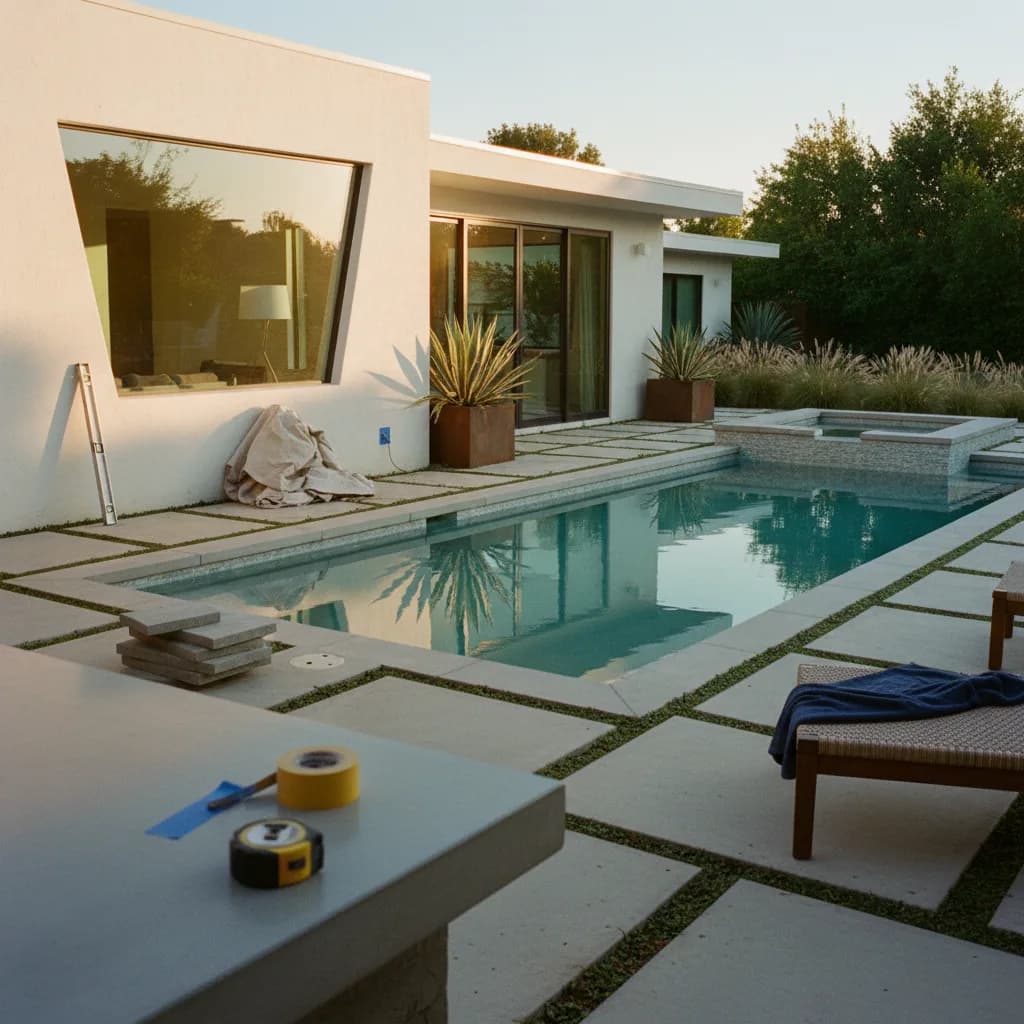 A modern rectangular inground pool in an Orange County backyard at dusk, with an integrated spa and Baja shelf.