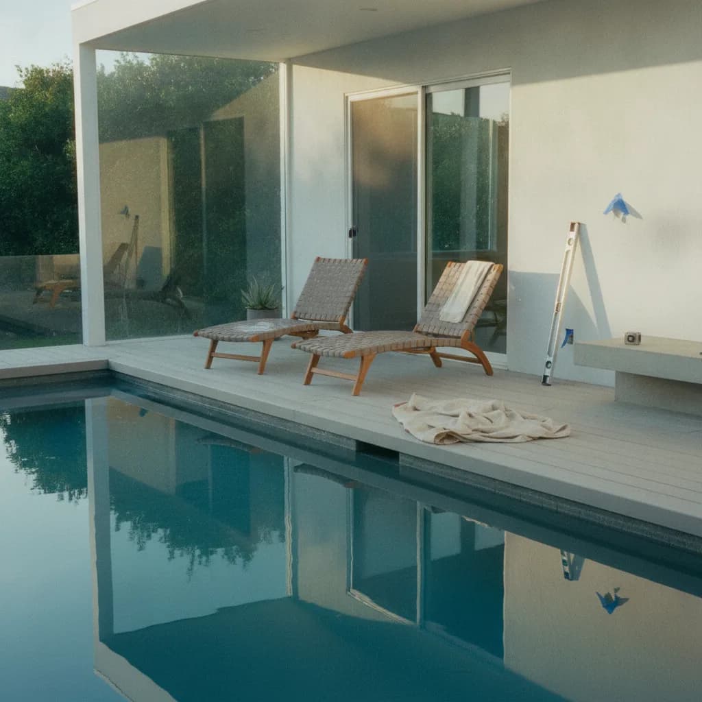 A modern rectangular inground pool in Santa Monica at dusk, with ambient lighting illuminating the turquoise water and a travertine deck.
