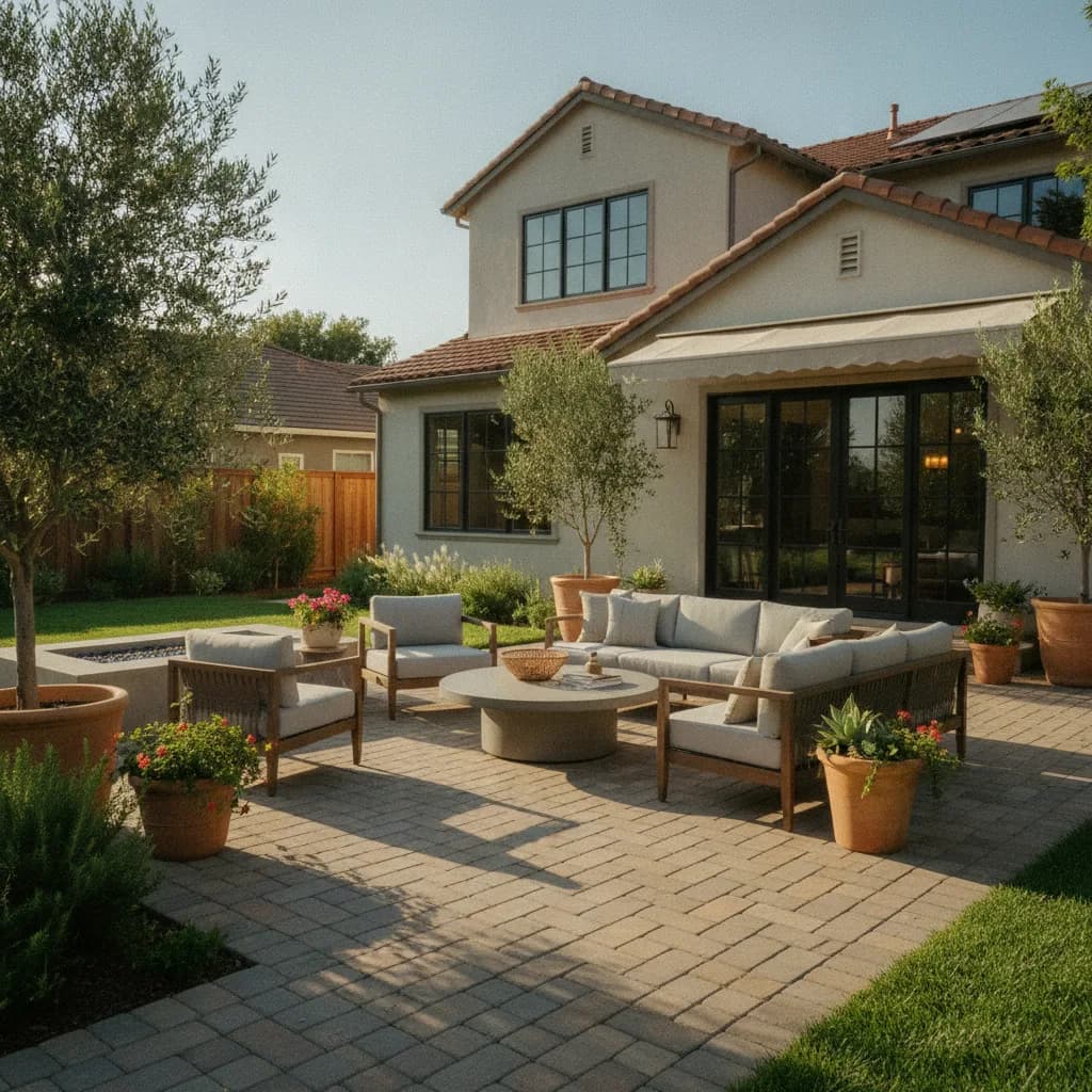 A beautiful finished paver patio with a modern outdoor sofa, chairs, coffee table, potted olive trees, and plants in a sunny